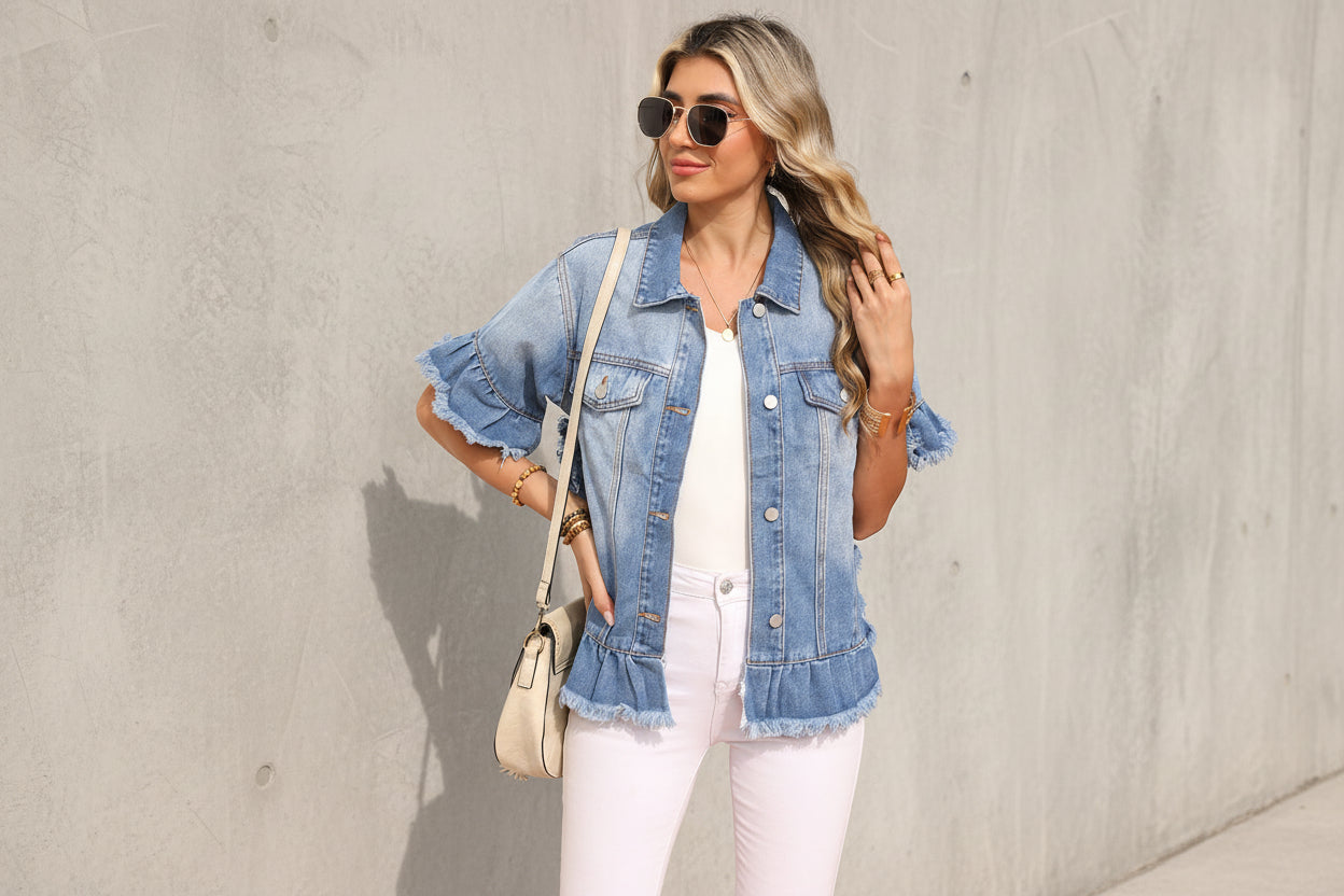 Raw Edge Ruffled Short Sleeve Denim Jacket