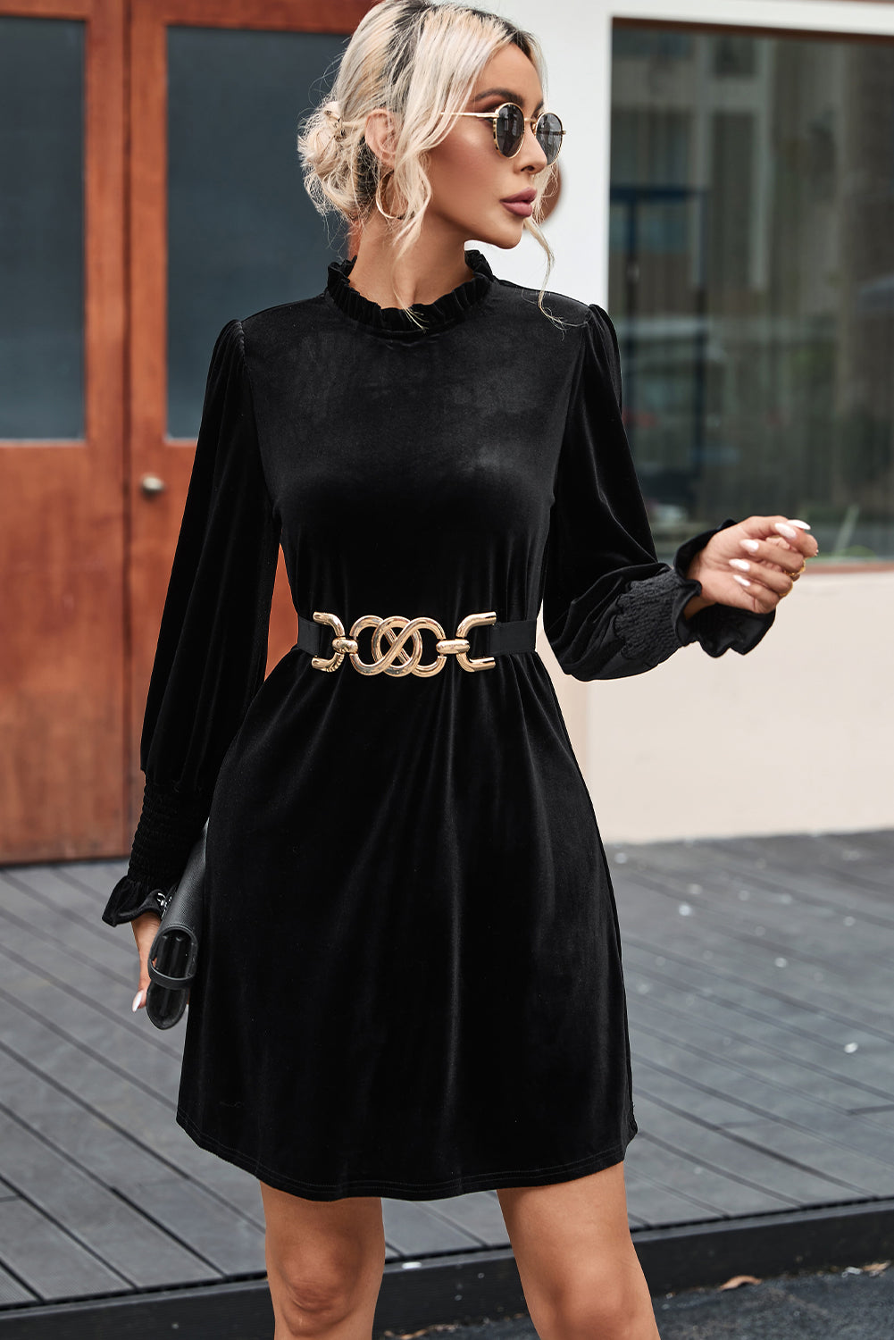 Black Velvet Frill Neck Long Sleeve Shift Dress - eAura