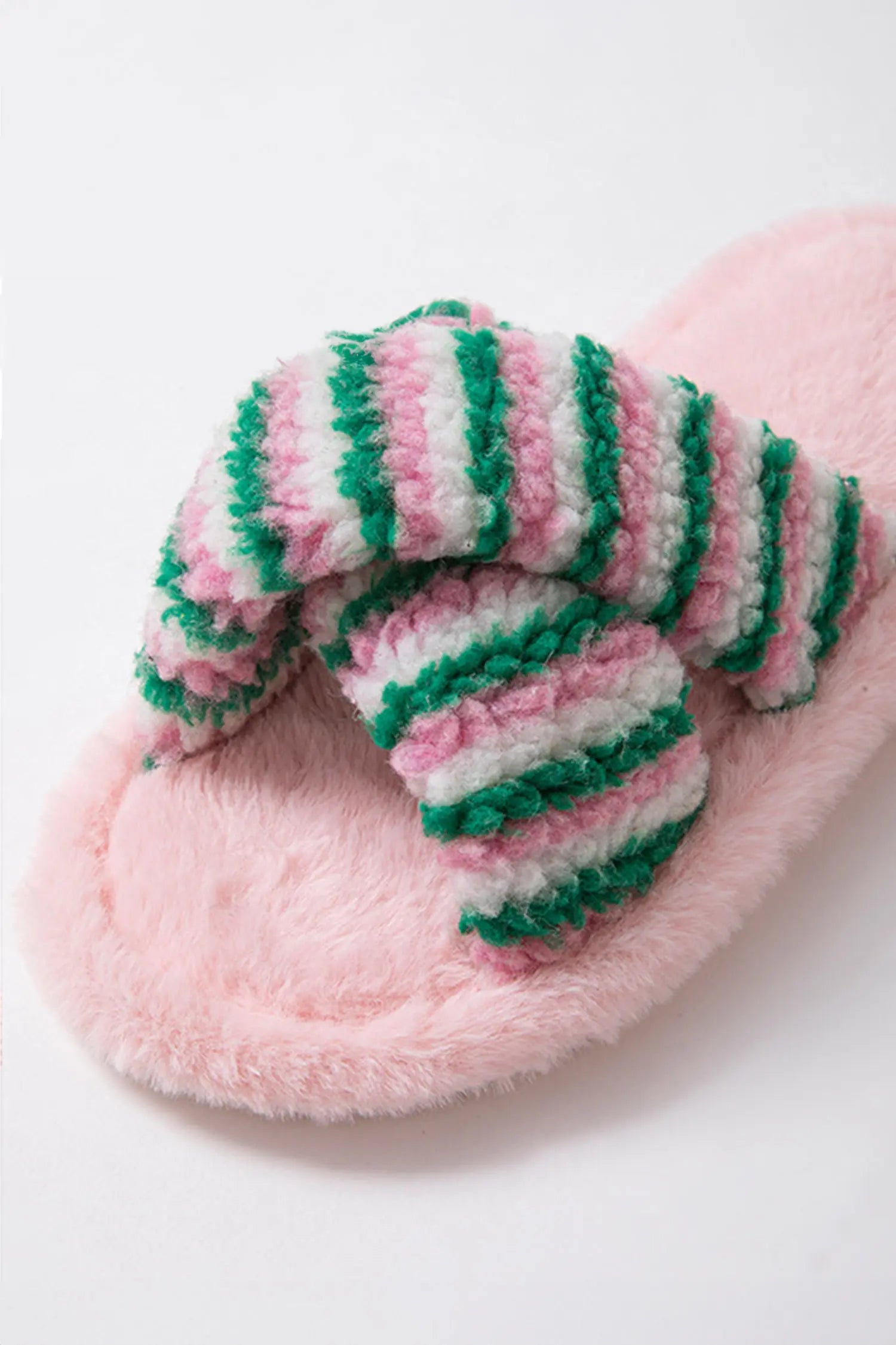 Pink Striped Cross Band Soft Plush Open Toe Slippers