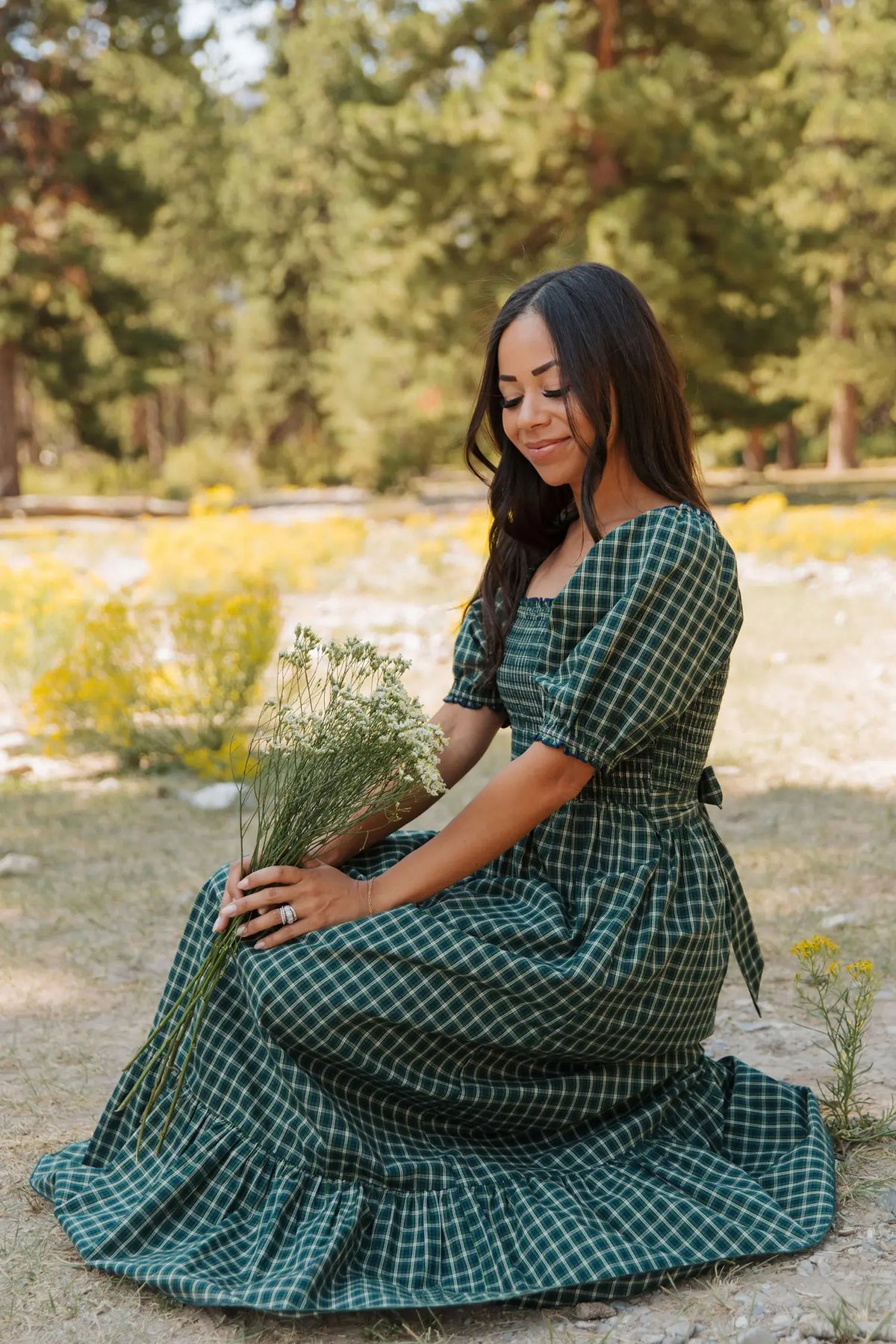 Plaid Square Neck Shirred High Waist Ruffle Hem Dress – Green