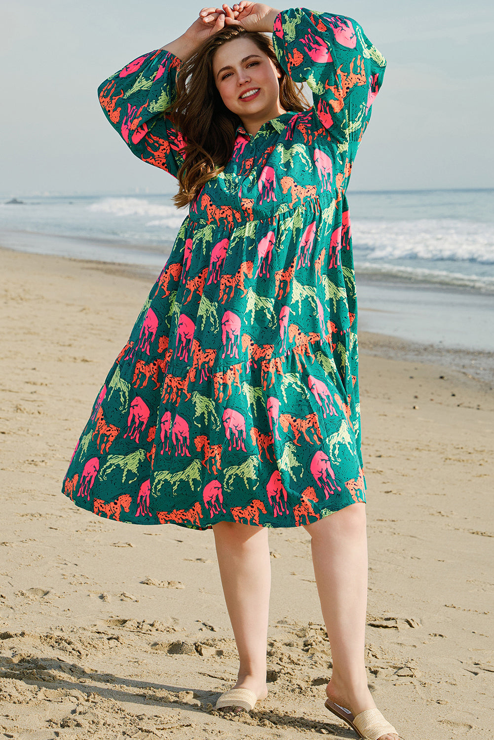 Green Horse Printed Long Sleeve Collared Buttoned Plus Size Midi Dress BB Fashion Outlet