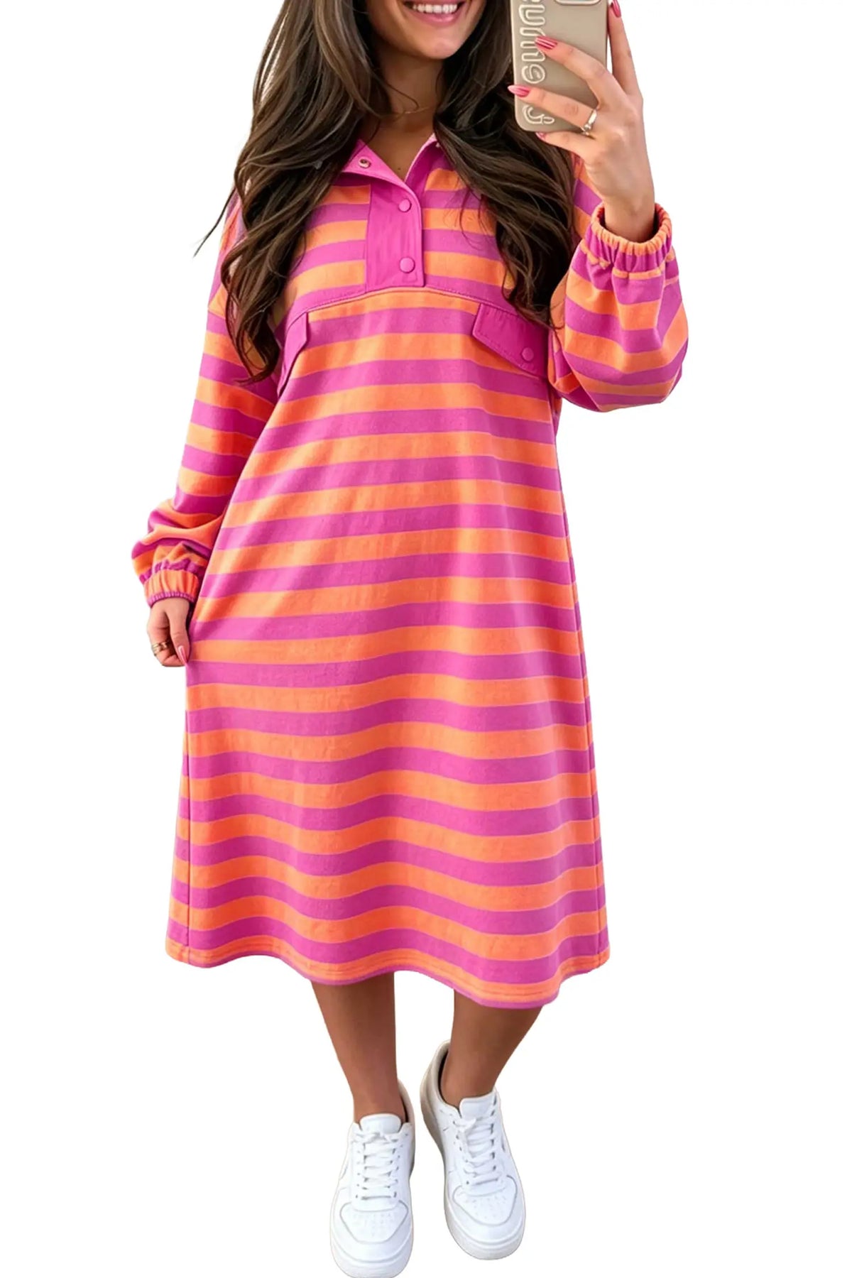 Midi dress Polo Neck Long Sleeve Stripe Dress