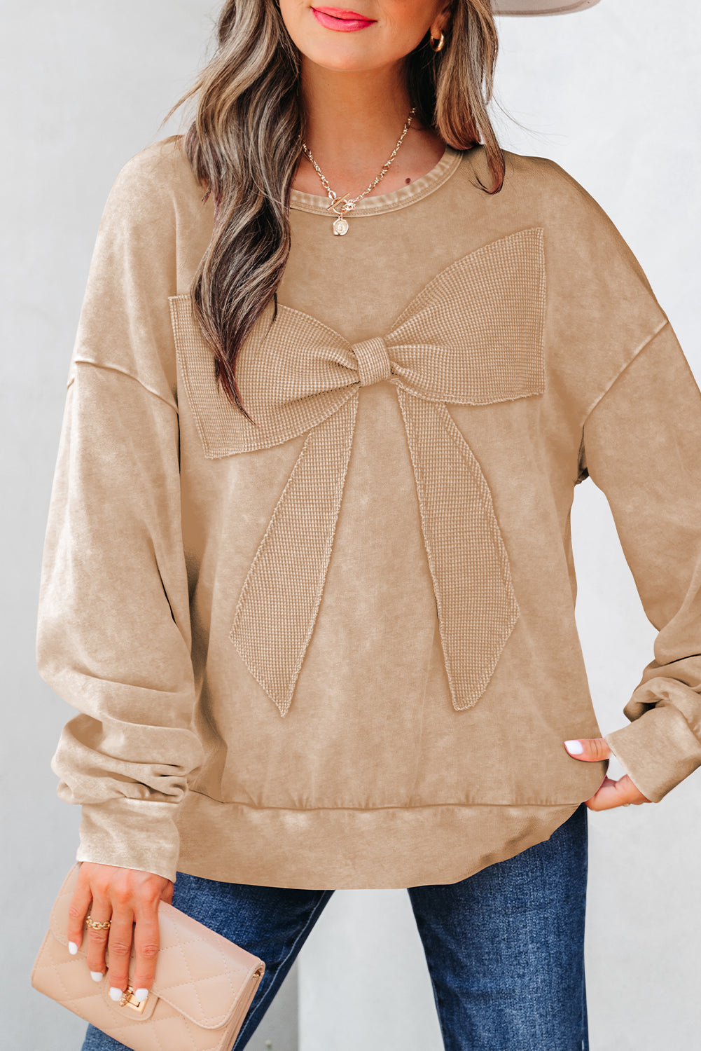Mineral Wash Big Bow Patchwork Pullover Sweatshirt - eAura