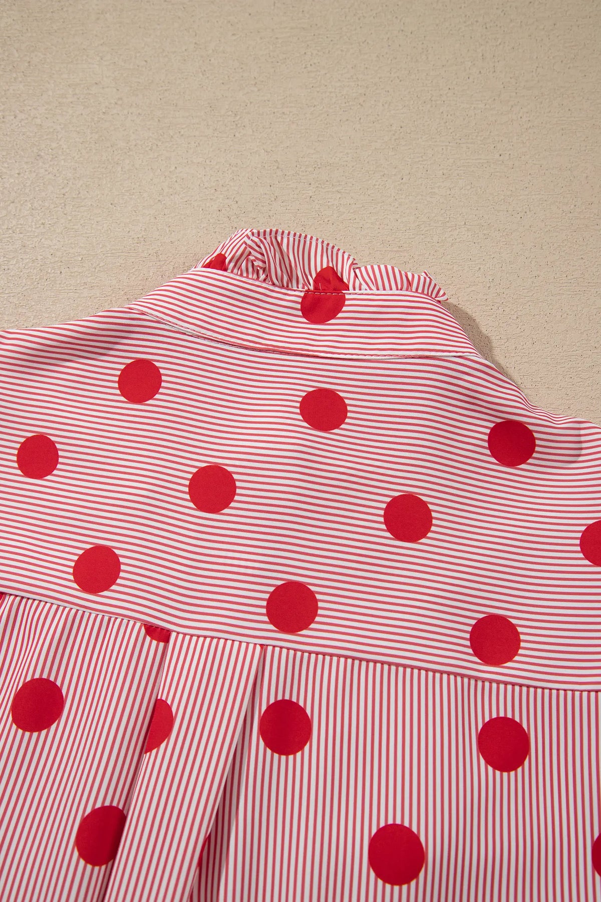 Polka Dot Striped Print Ruffle Stand Neck 3/4 Sleeve Shift Shirt – Fiery Red