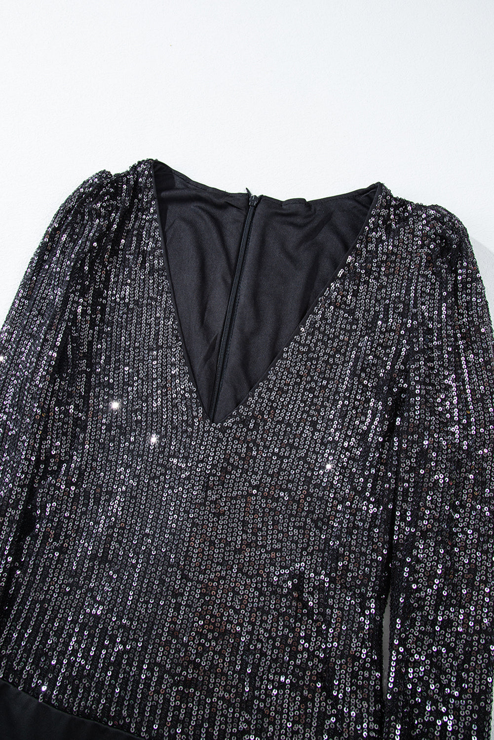 Black Sequin V Neck Zipped Long Sleeve Bodysuit eAura