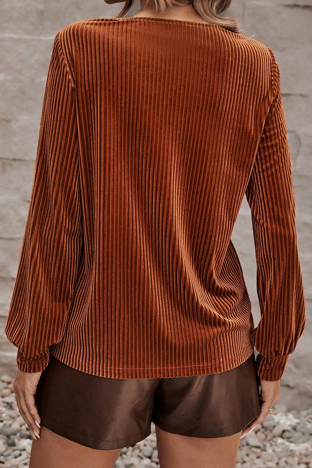 Chestnut Half Zip V Neck Ribbed Velvet Top eAura