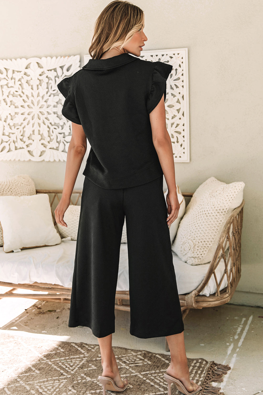 Black Textured Flutter Sleeve Top Wide Leg Trousers Set Co-ord eAura