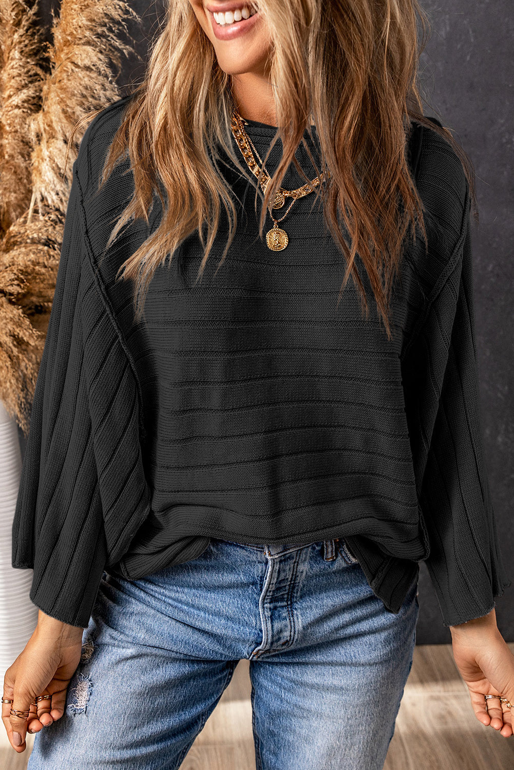 Black Exposed Seam Ribbed Knit Dolman Top eAura