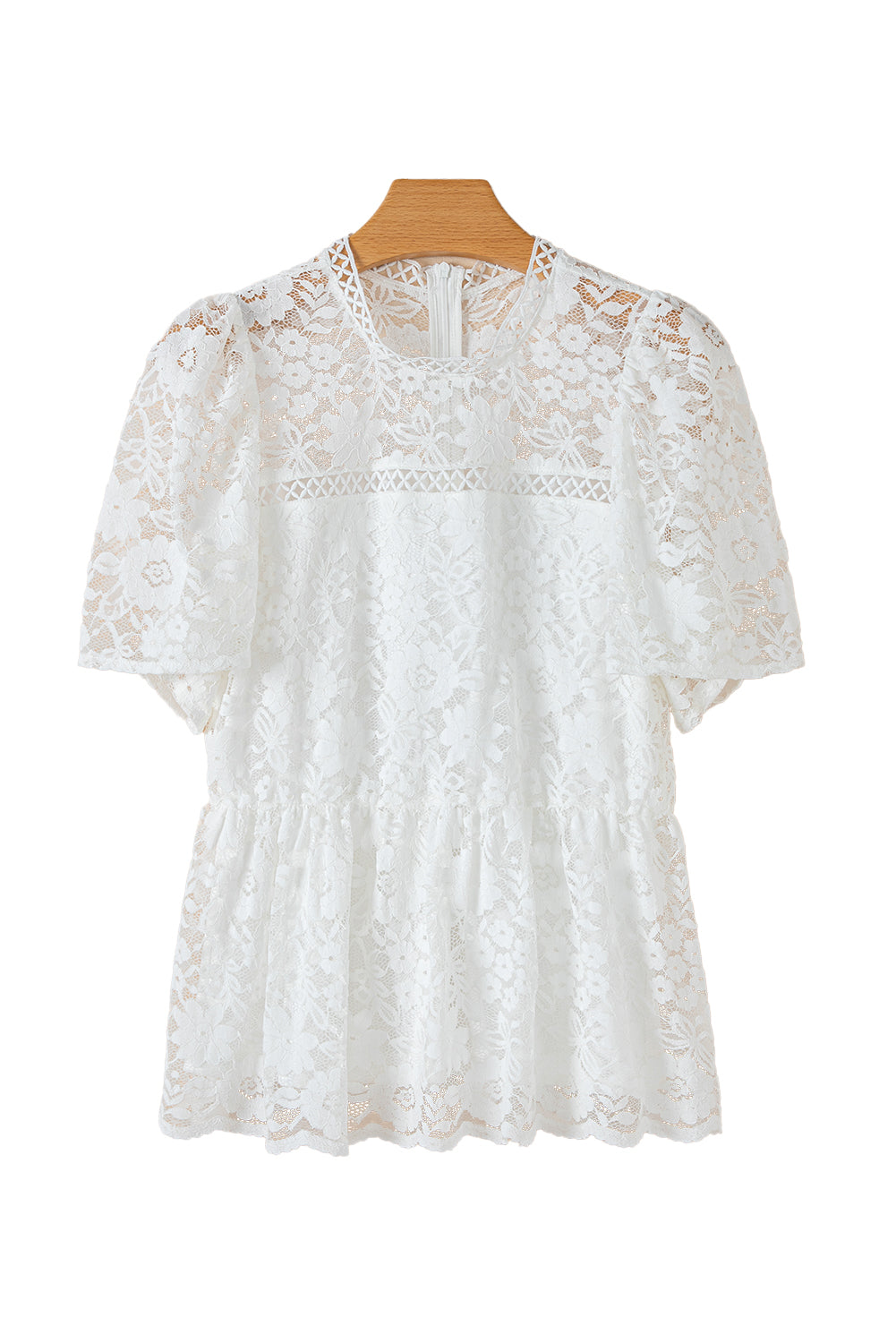 White Short Sleeve Scalloped Floral Lace Peplum Blouse eAura