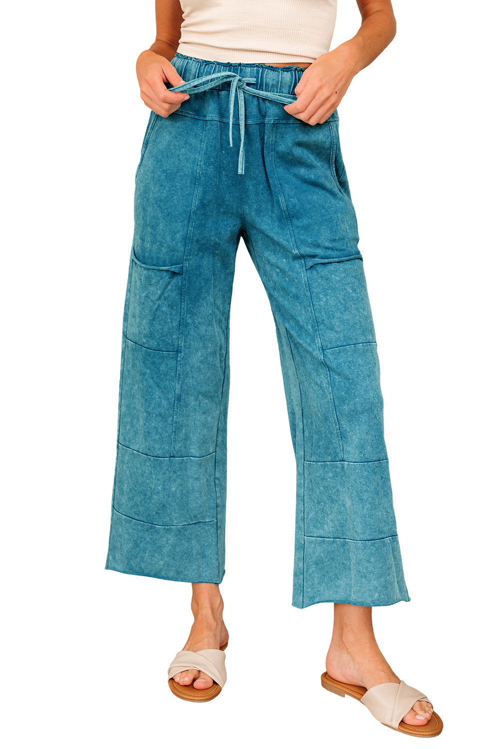 Mineral Wash High Waist Raw Hem Patched Trousers - eAura