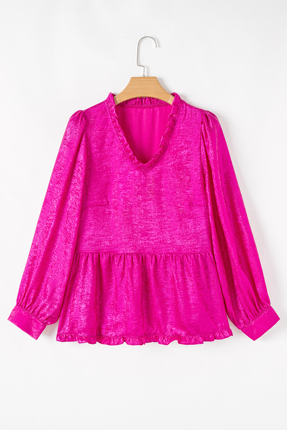 Rose Red Metallic Frilled V Neck Puff Sleeve Babydoll Blouse eAura