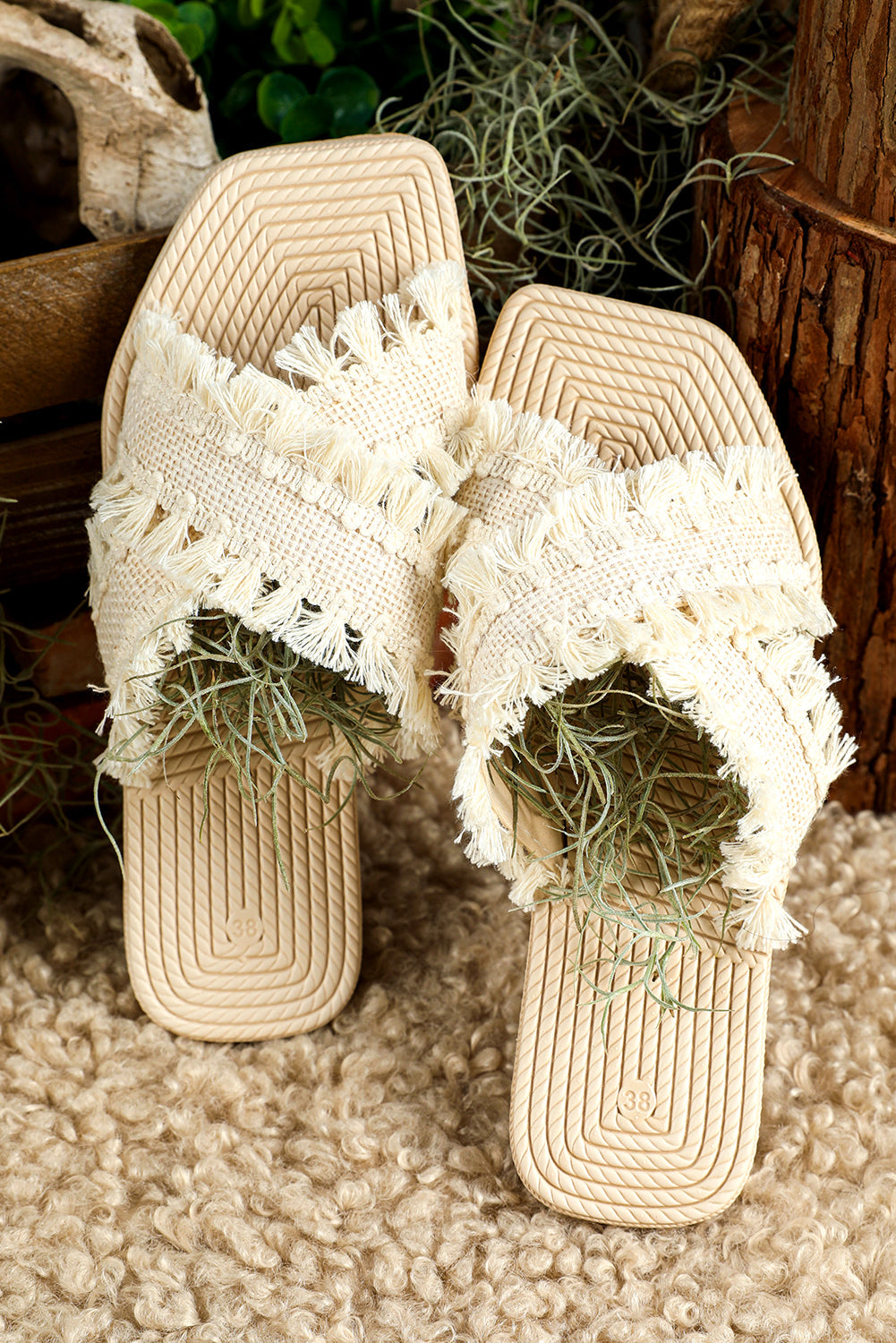 Beige Tassel Woven Crossed Straps Flat Sandals BB Fashion Outlet