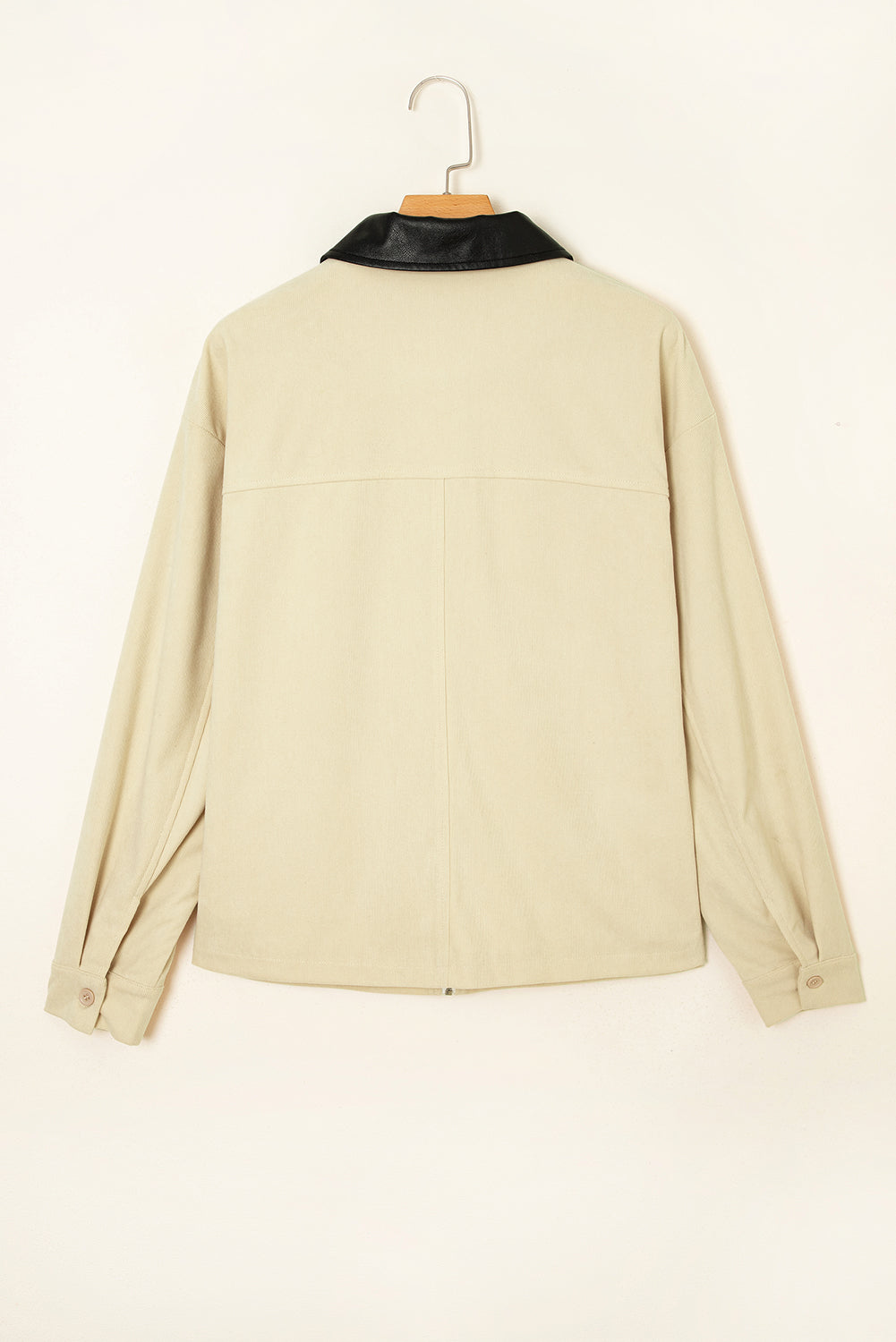 Contrast Faux Leather Collar Textured Zip-Up Jacket - eAura