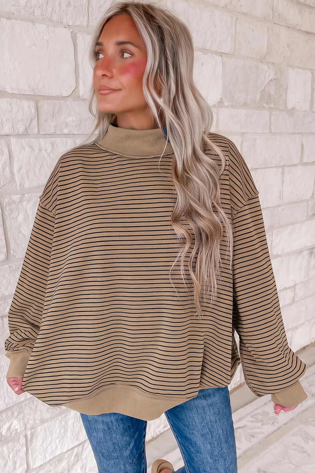 Oversized Sweatshirt with Mock Neck, Stripe Ribbed Colour Block