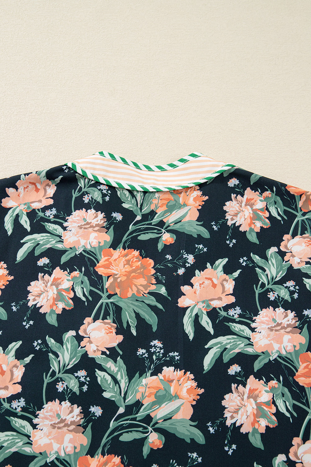 Floral Print Striped Trim V-Neck Long Sleeve Ruffle Hem Shift Mini Dress - eAura