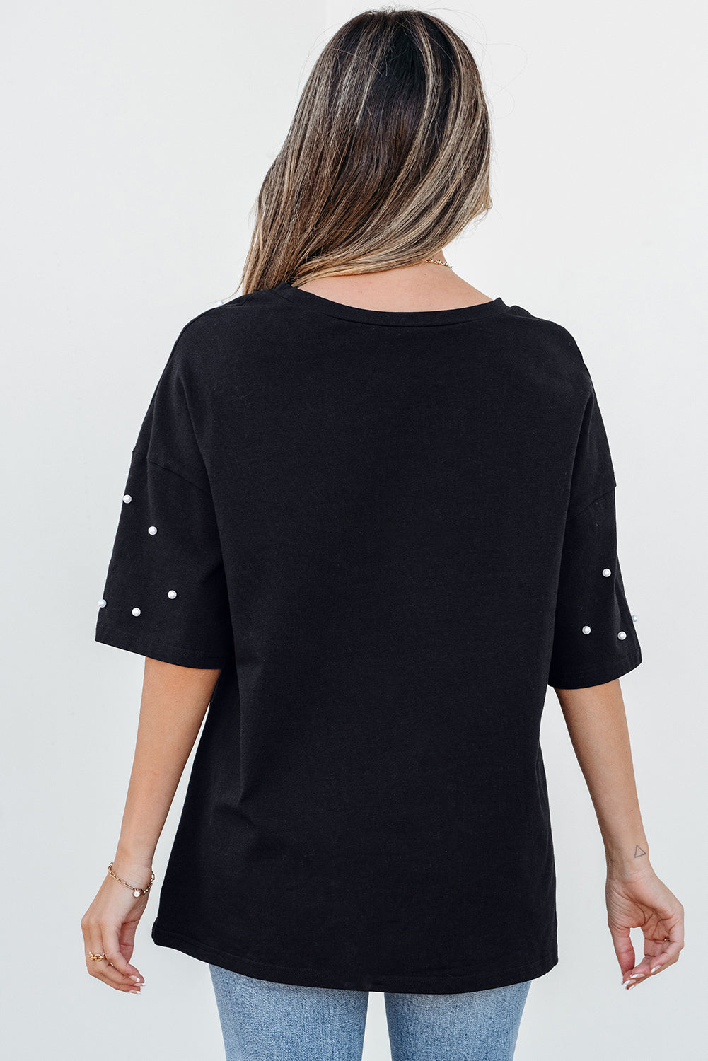 Black Pearl Beaded Drop Shoulder Crewneck T Shirt eAura