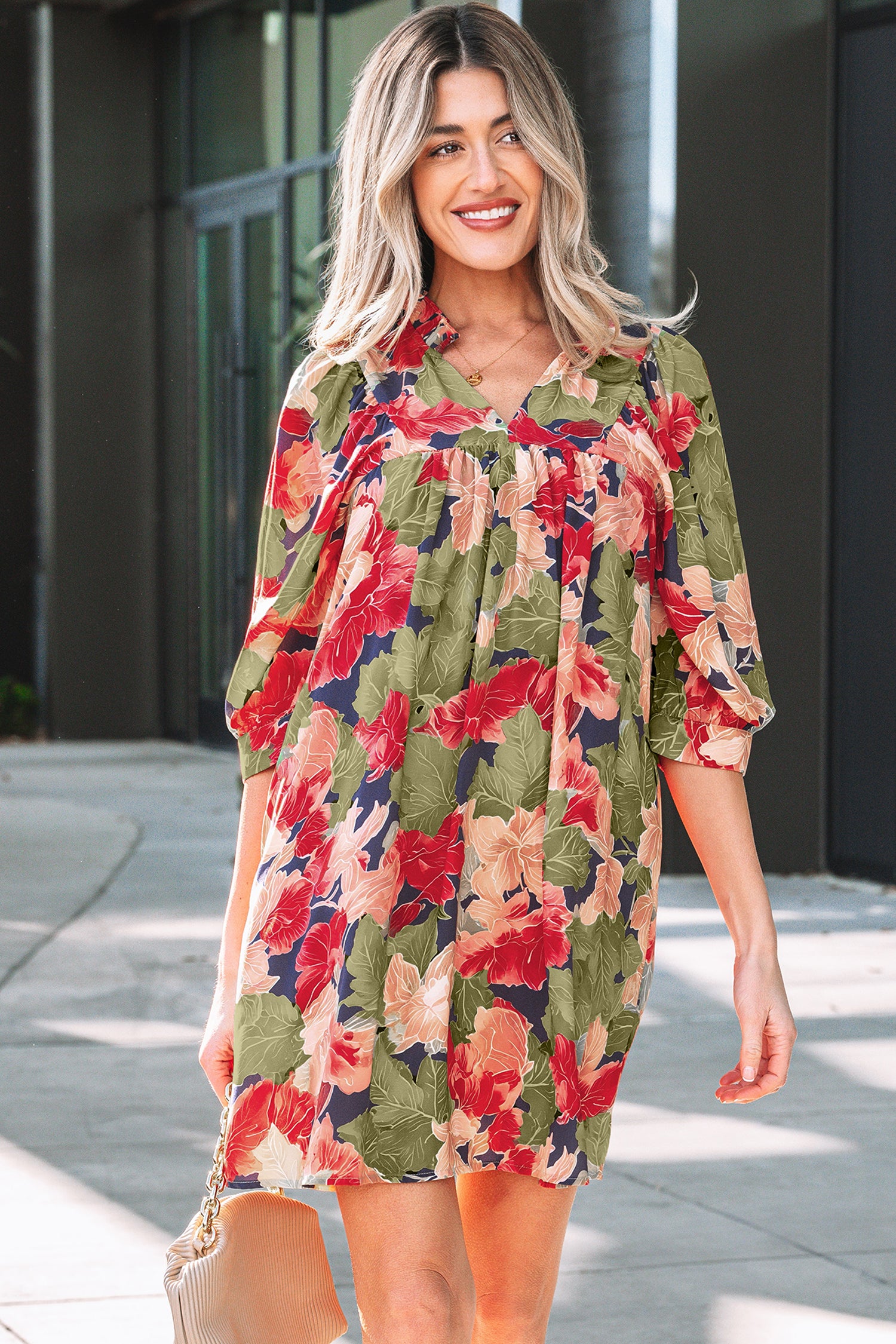 Floral Print Frilled Collar V-Neck Half Sleeve Mini Dress