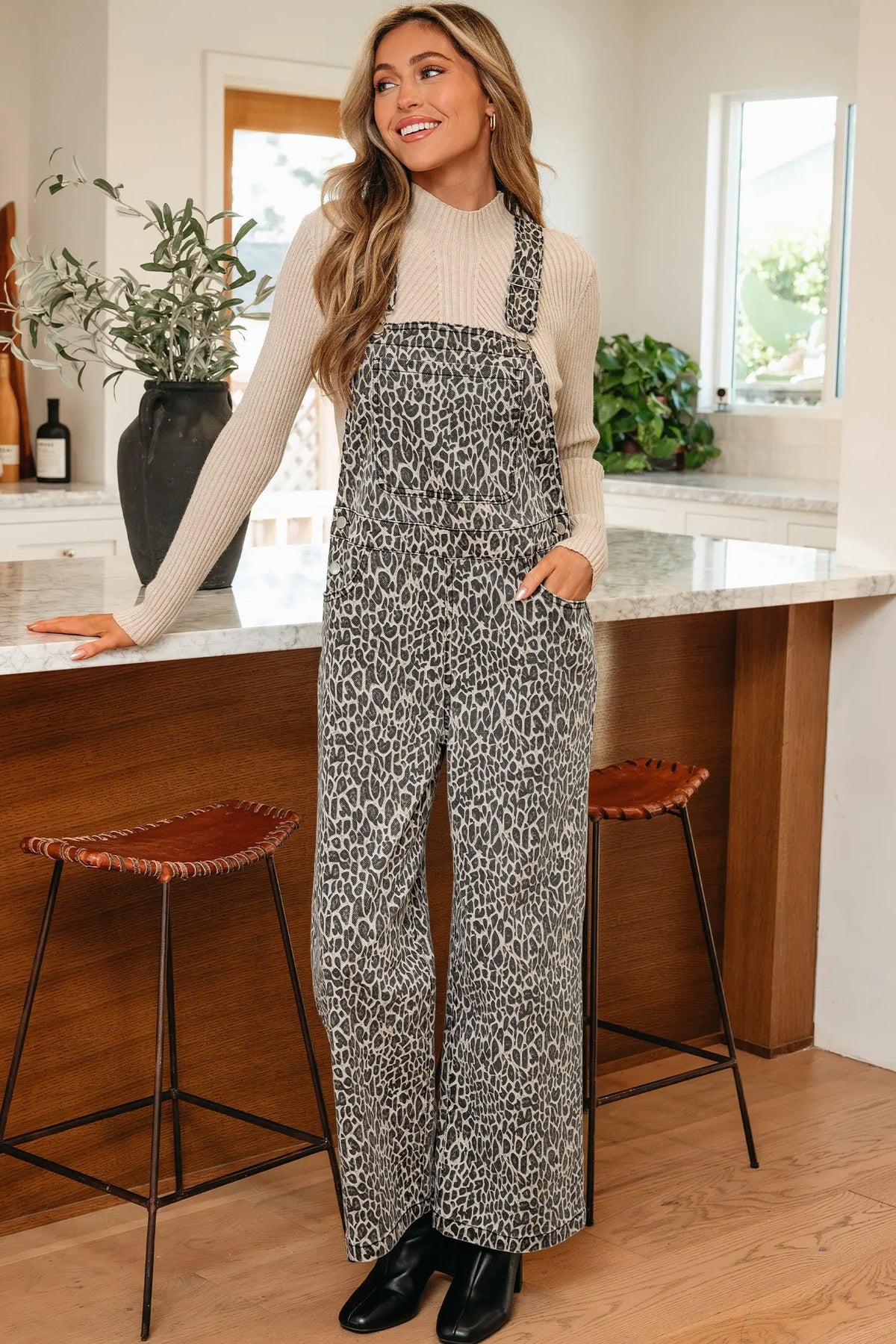 Leopard Print Straight Leg Loose Denim Jumpsuit Dungarees - Bottoms/Jumpsuits & Rompers