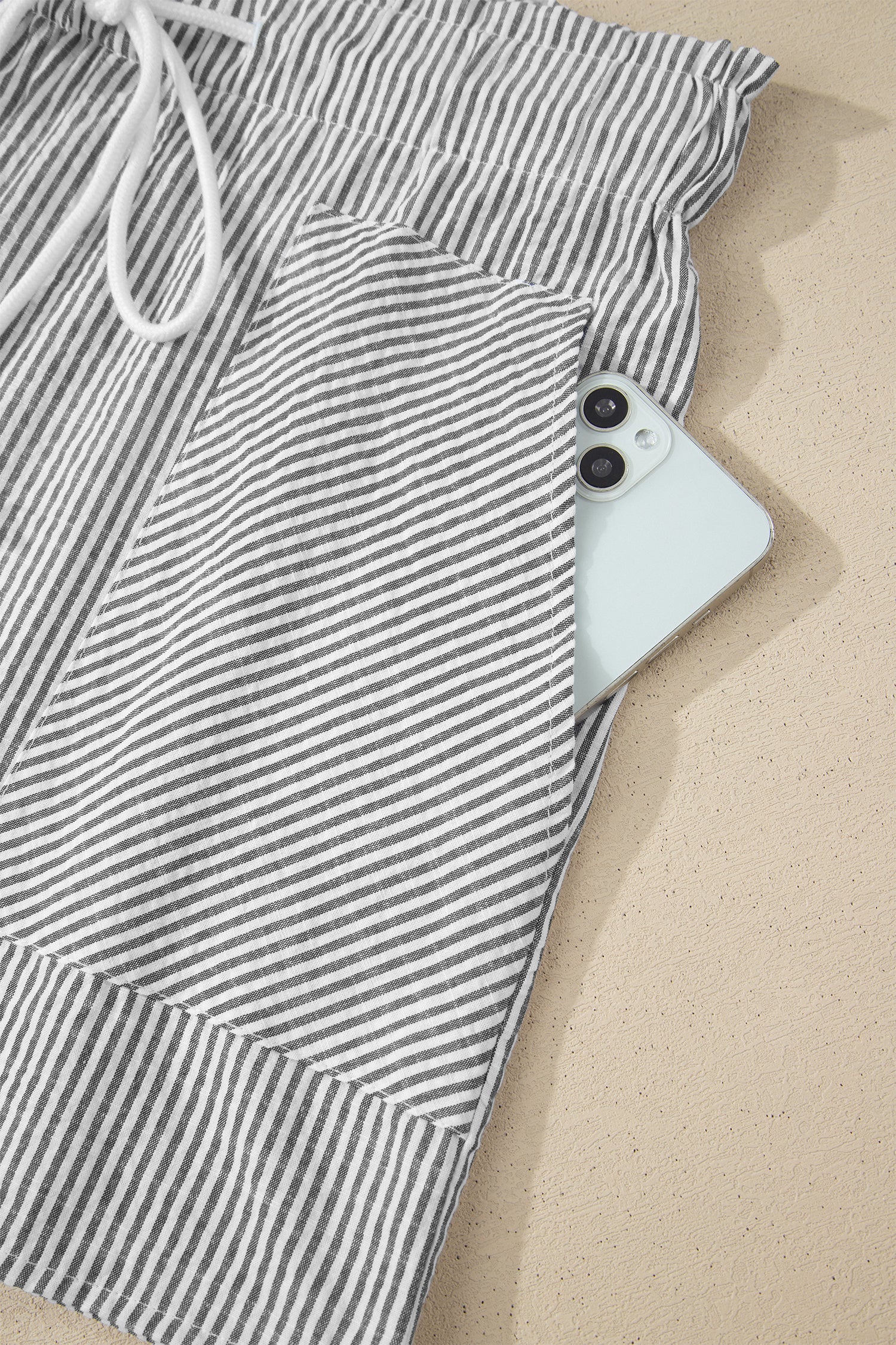 Grey Stripe Lace-Up Shorts with Pockets