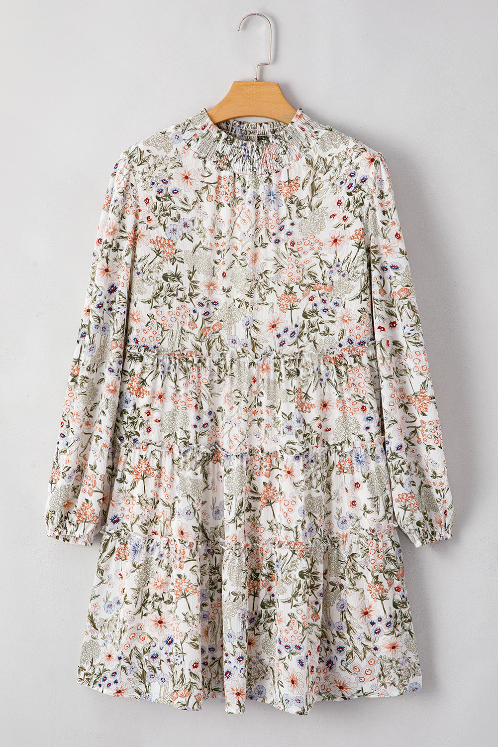 Green Floral Print Tiered Frilled Shirred Mock Neck Mini Dress Beagle Boutique Fashion Outlet