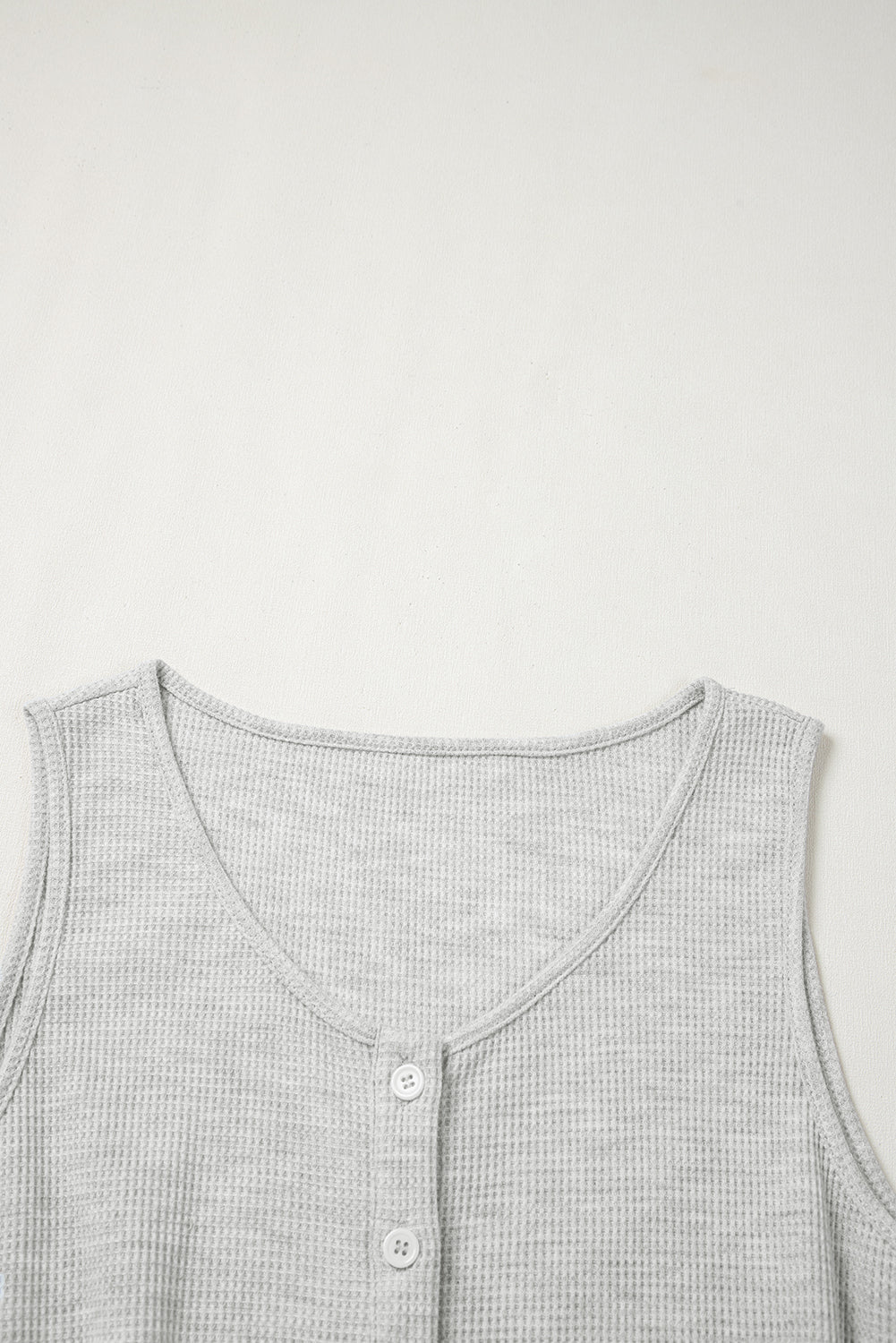 Light Grey Waffle Knit Sleeveless Buttoned Front Drawstring Waist Romper eAura