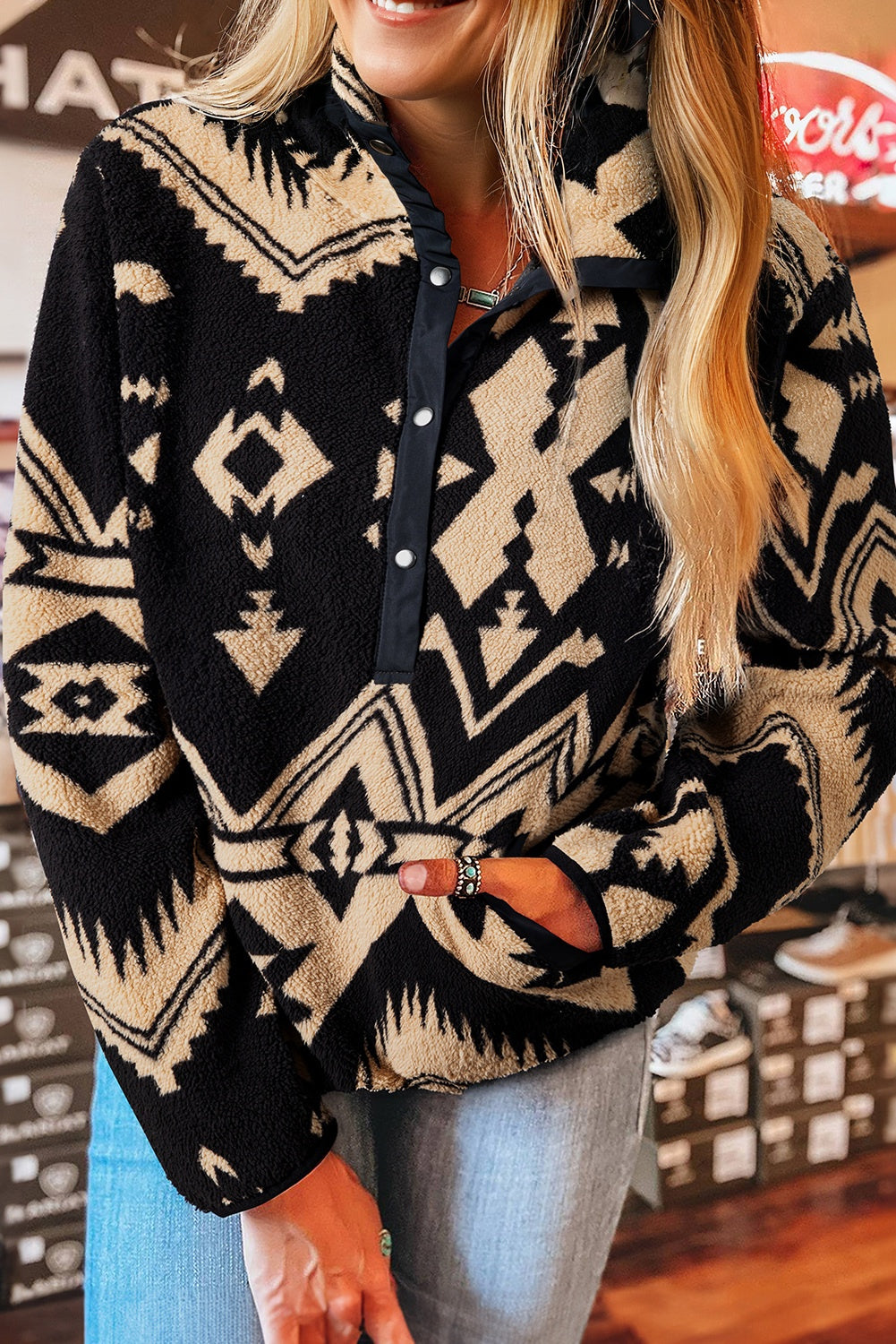 Black Western Aztec Half Zip Plush Sweatshirt eAura