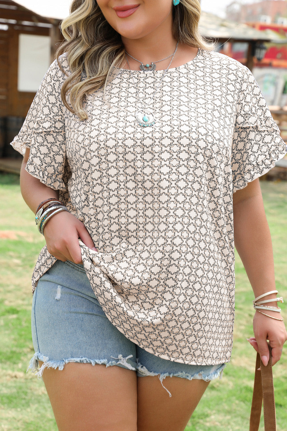 Khaki Plus Size Geometric Print Ruffled Sleeve Blouse BB Fashion Outlet