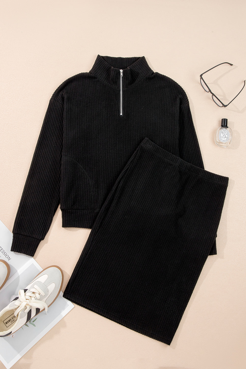 Black Ribbed Zip Stand Neck Drop Shoulder Pullover Bodycon Skirt 2pcs Set Dear-Lover Dropshipping