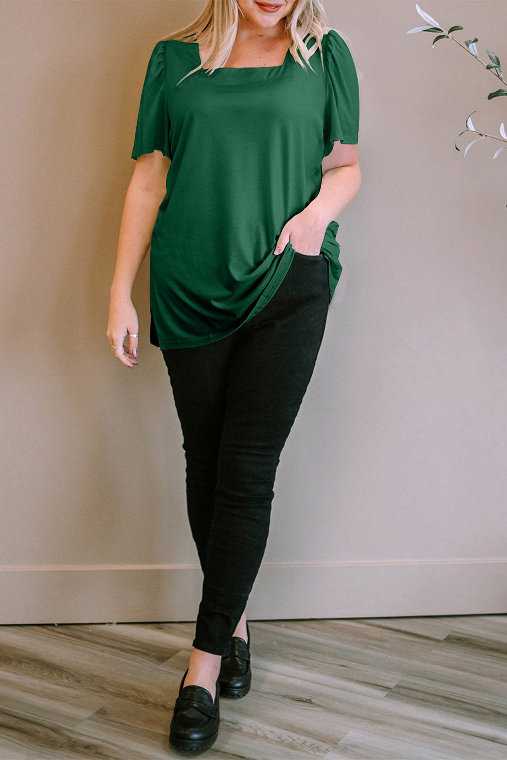 Green Plus Size Square Neck Ruched Shoulder Short Sleeve Top BB Fashion Outlet