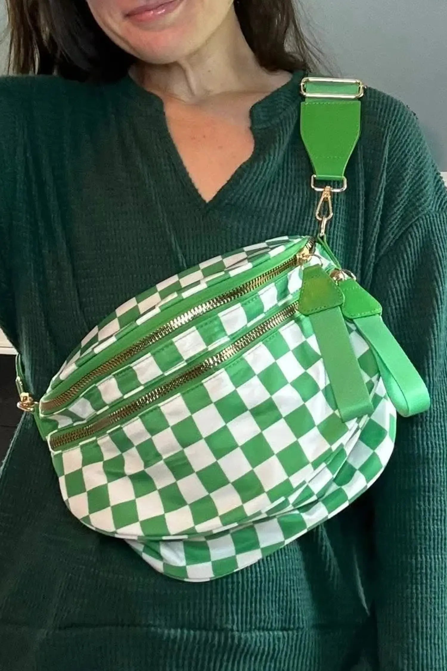 Dark Grey Checkered Print Wide Strap Large Crossbody Bag