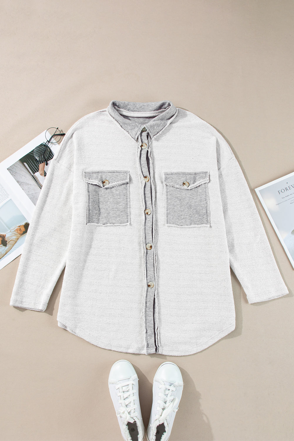 Grey Contrast Flap Pockets Relaxed Shacket Beagle Boutique Fashion Outlet