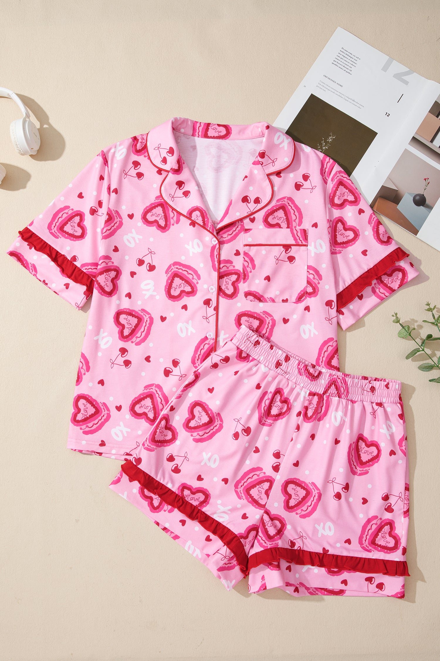 Sweet Heart Cake Print Contrast Ruffle Trim Valentines 2pcs Pajama Set – Pink