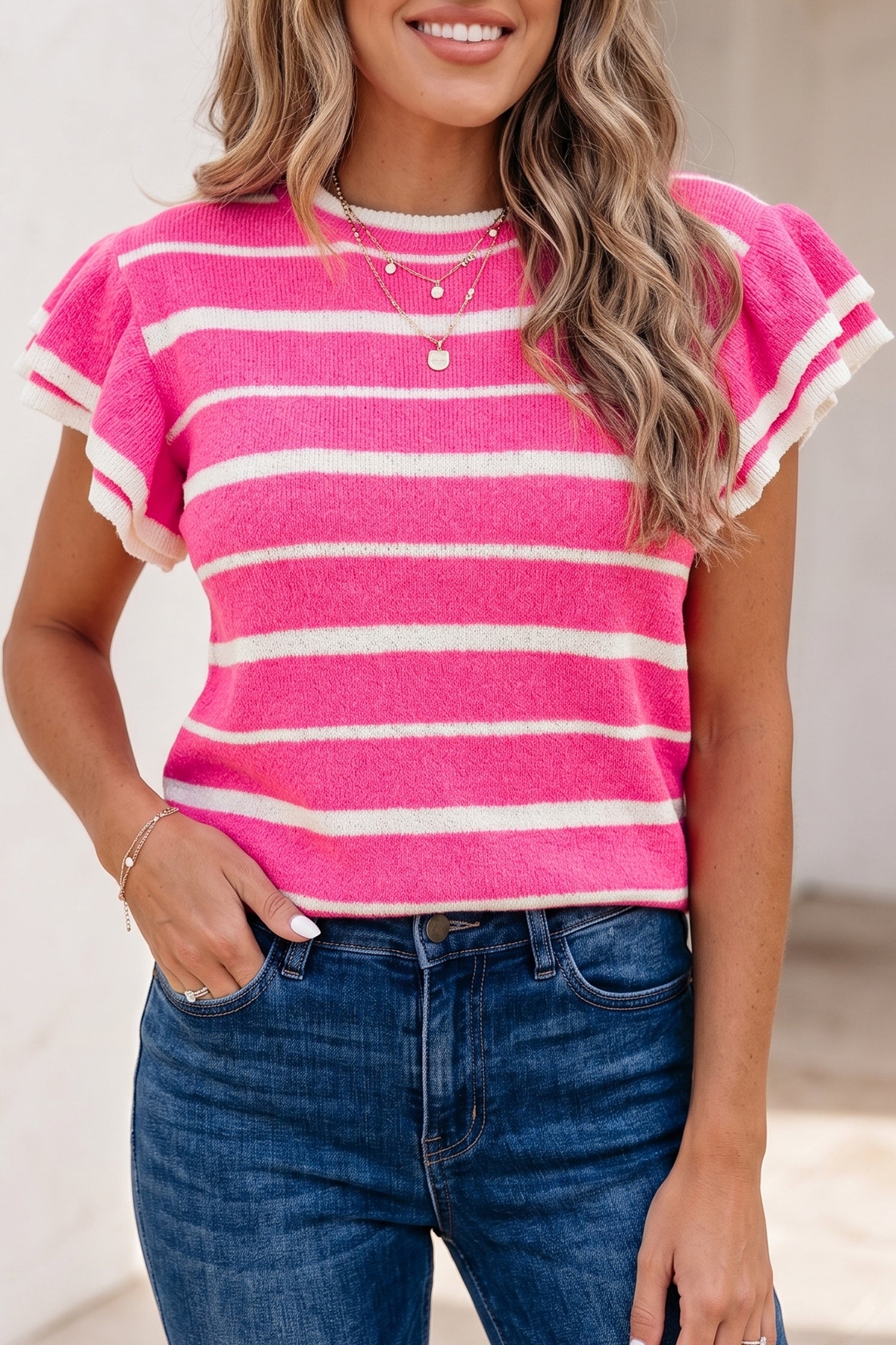 Double Ruffle Short Sleeve Lightweight Knit Sweater – Rose Stripe