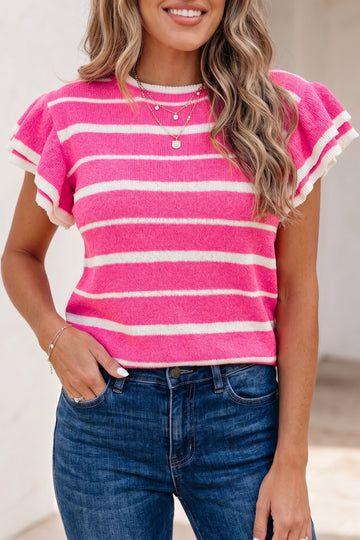 Double Ruffle Short Sleeve Lightweight Knit Sweater – Rose Stripe