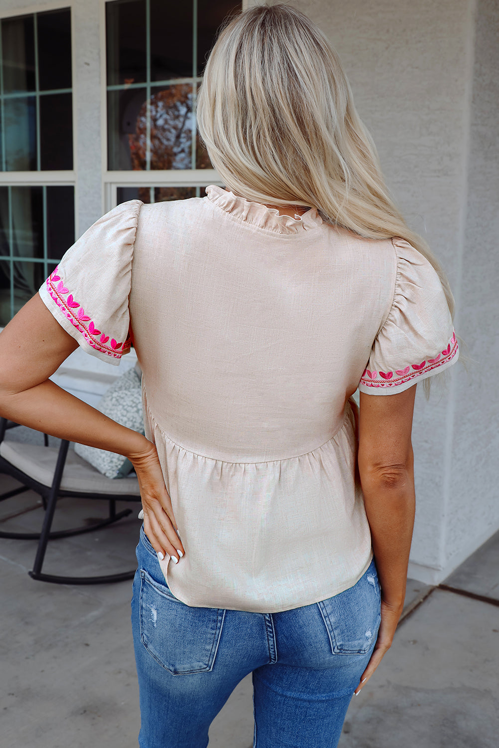 Beige Floral Embroidered Short Sleeve Notched V Neck Blouse eAura