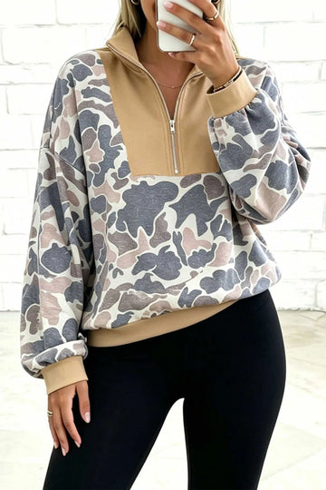 Multicolour Camouflage Print Color Block Trim Zipper Stand Neck Pullover Sweatshirt