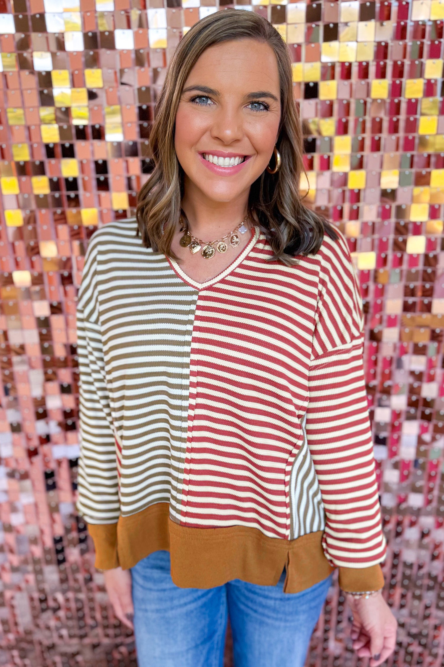 Striped Colorblock V Neck Oversized Long Sleeve Plus Size Blouse – Brown Stripe