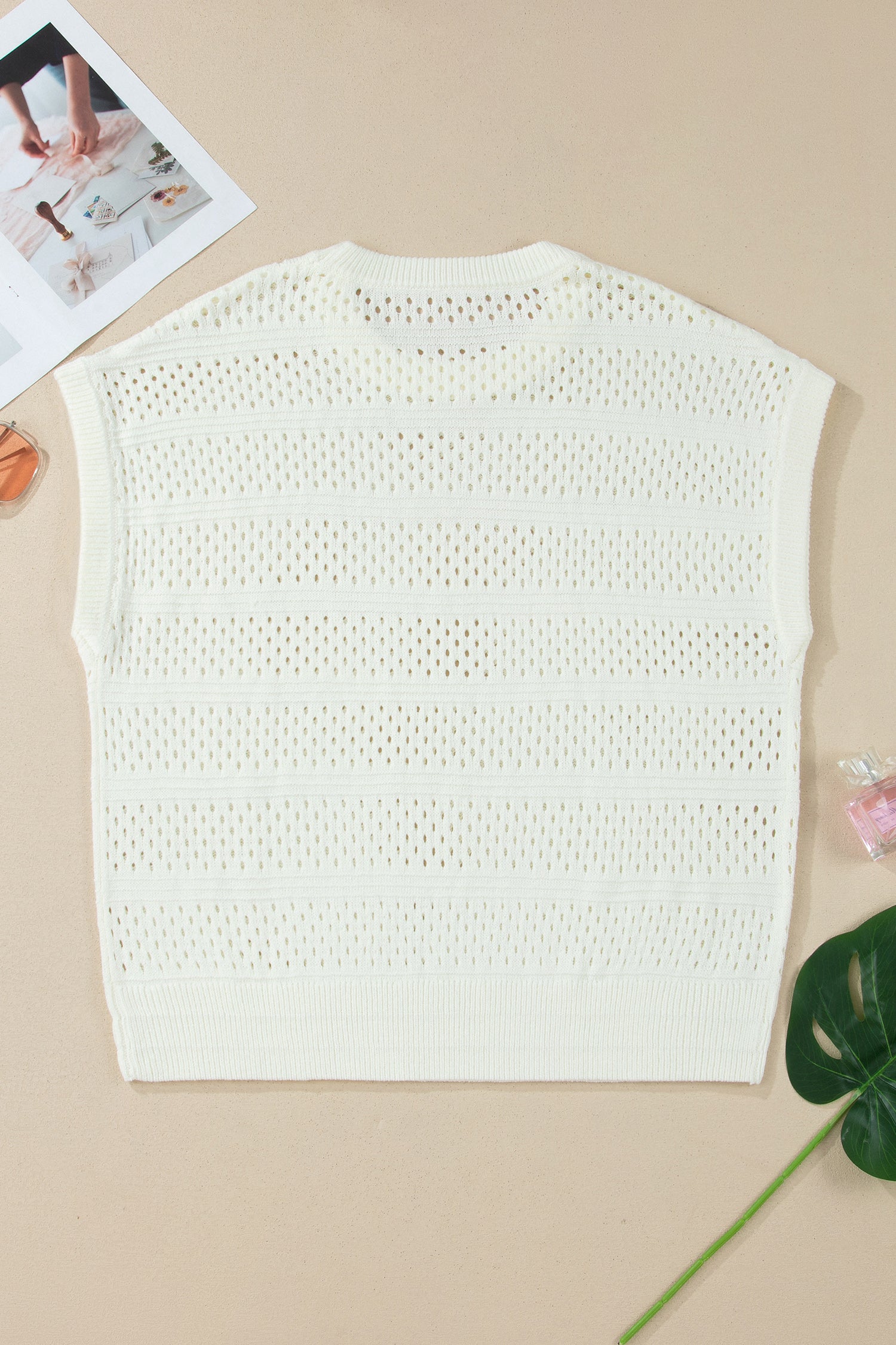 Plus Size Eyelet Hollow-Out Knit Dolman Short Sleeve Sweater