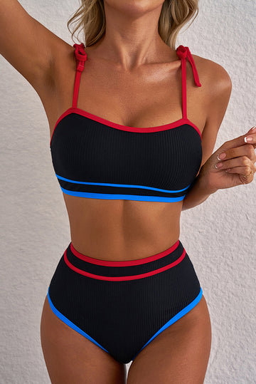 Black Triple Colour Trimmed High Waist Bikini Set eAura