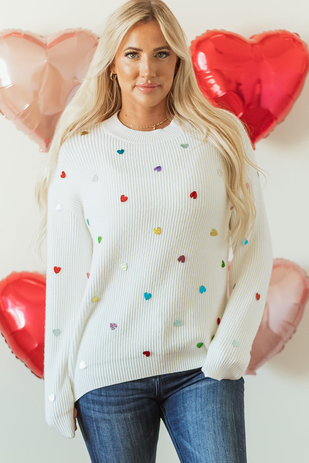 Beige Sequin Heart Shape Waffle Knit Round Neck Sweater eAura