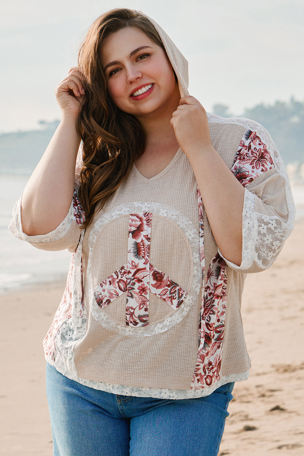 Khaki V Neck Floral Peace Sign Graphic Lace Patch Ribbed Plus Size Hooded Top BB Fashion Outlet