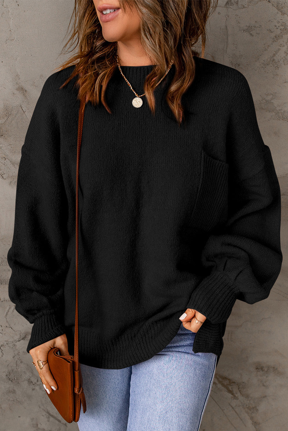 Black Solid Colour Puffy Sleeve Pocketed Sweater eAura