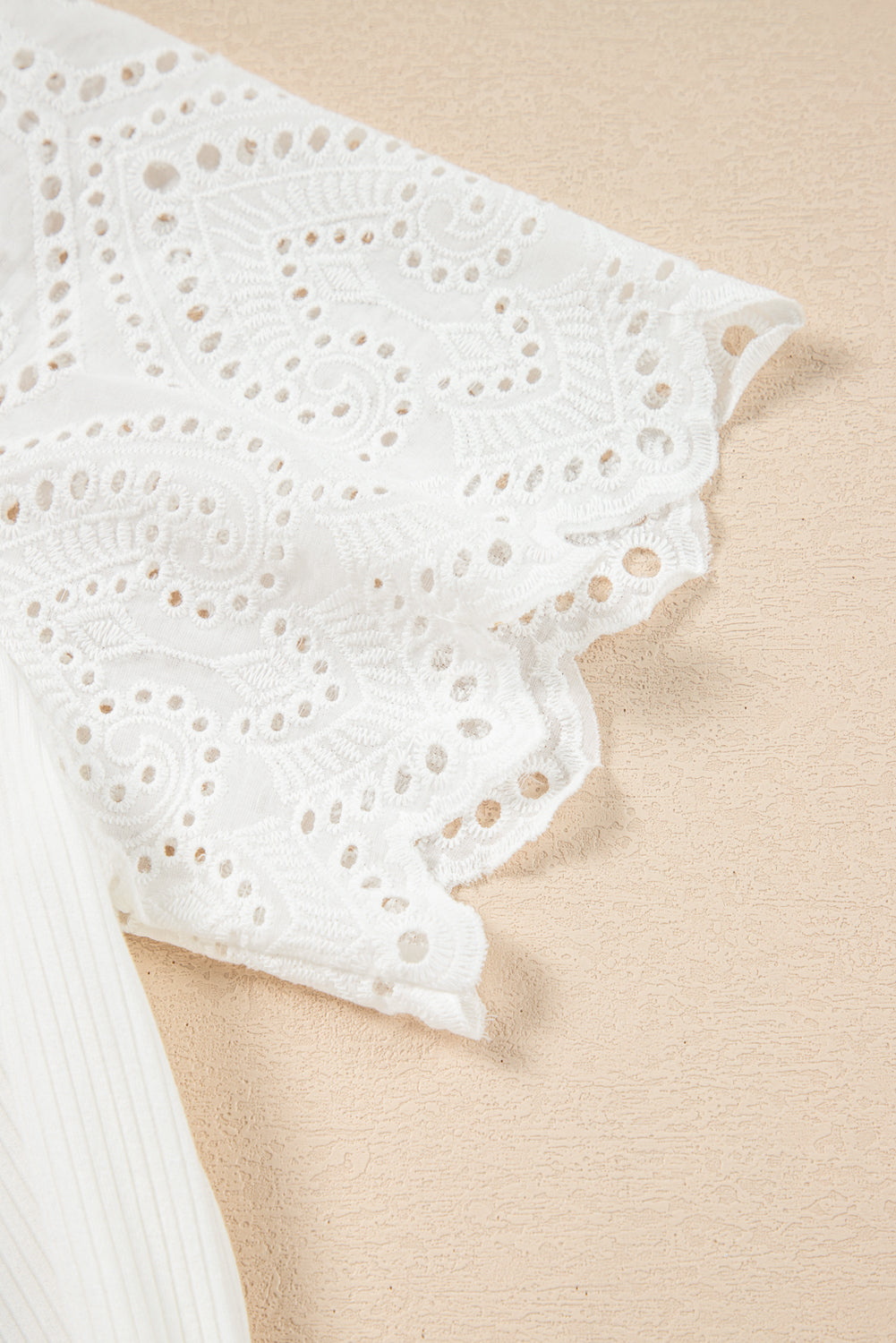 White Eyelet Pattern Short Sleeve Patchwork Ribbed Top eAura