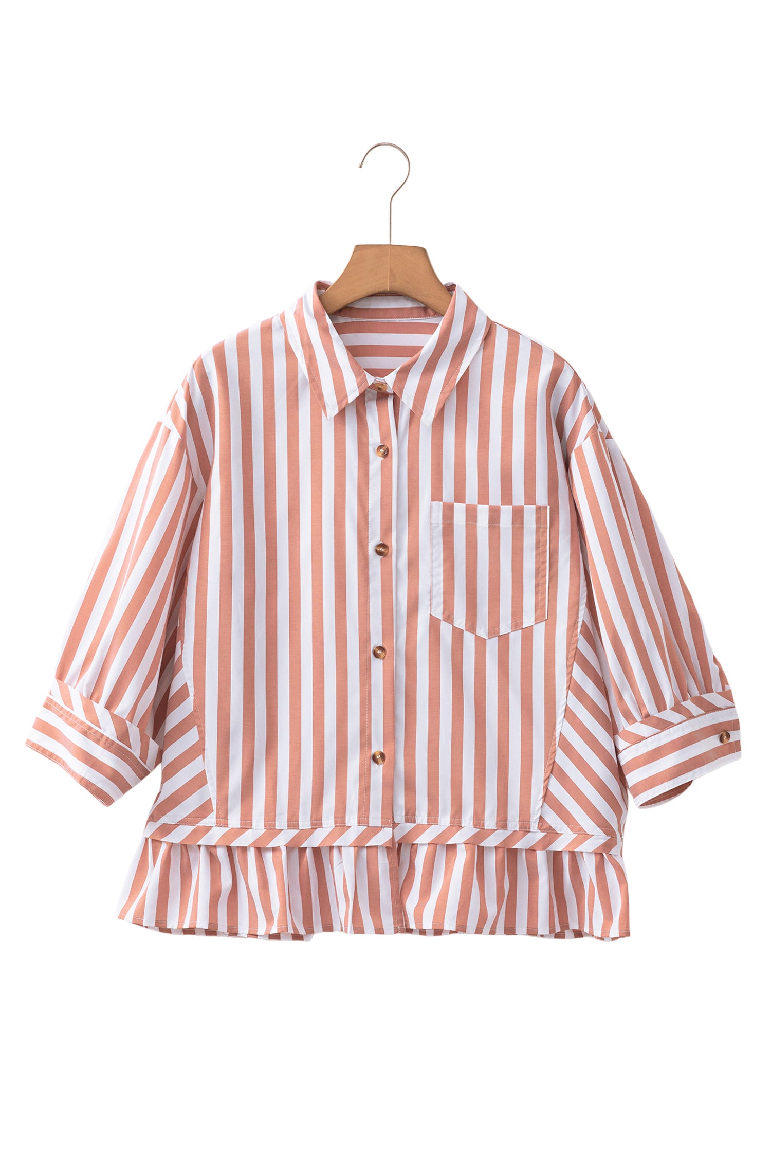 Button Front Ruffle Hem Bracelet Sleeve Shirt – Khaki Stripe