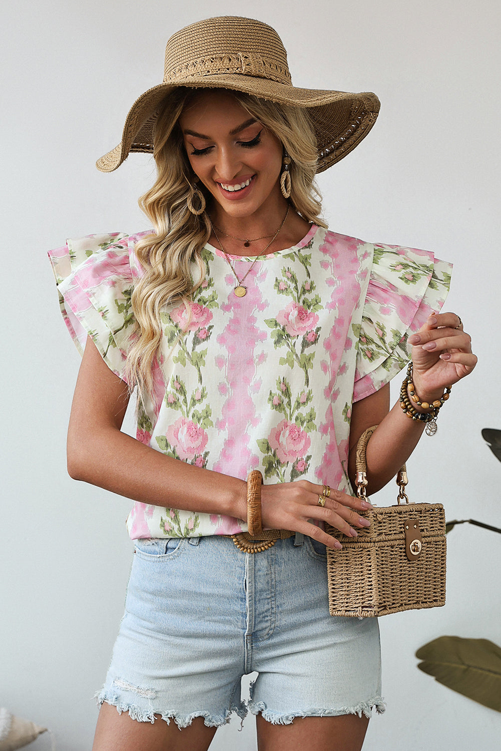 Pink Floral Print Ruffled Sleeve Summer Top eAura