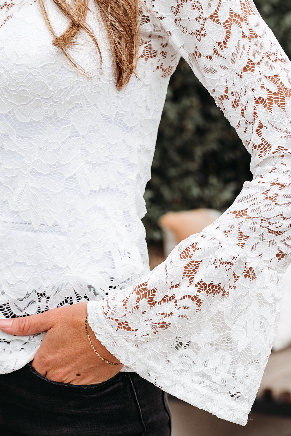 White Lace Crochet Bell Sleeve Mock Neck Blouse - eAura