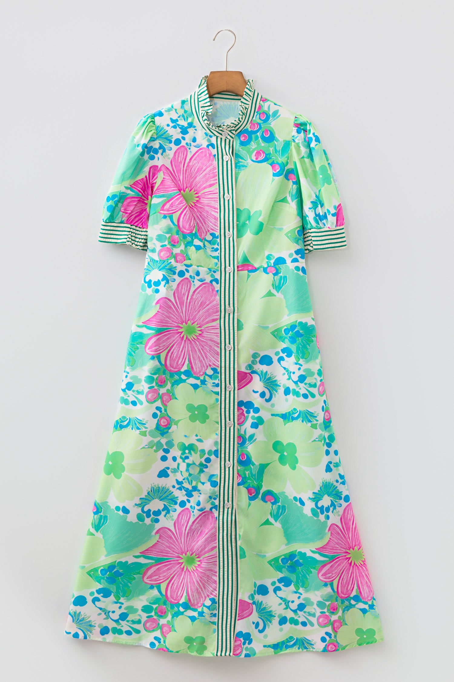 Floral Print Striped Trim Button-Down Shirt Dress