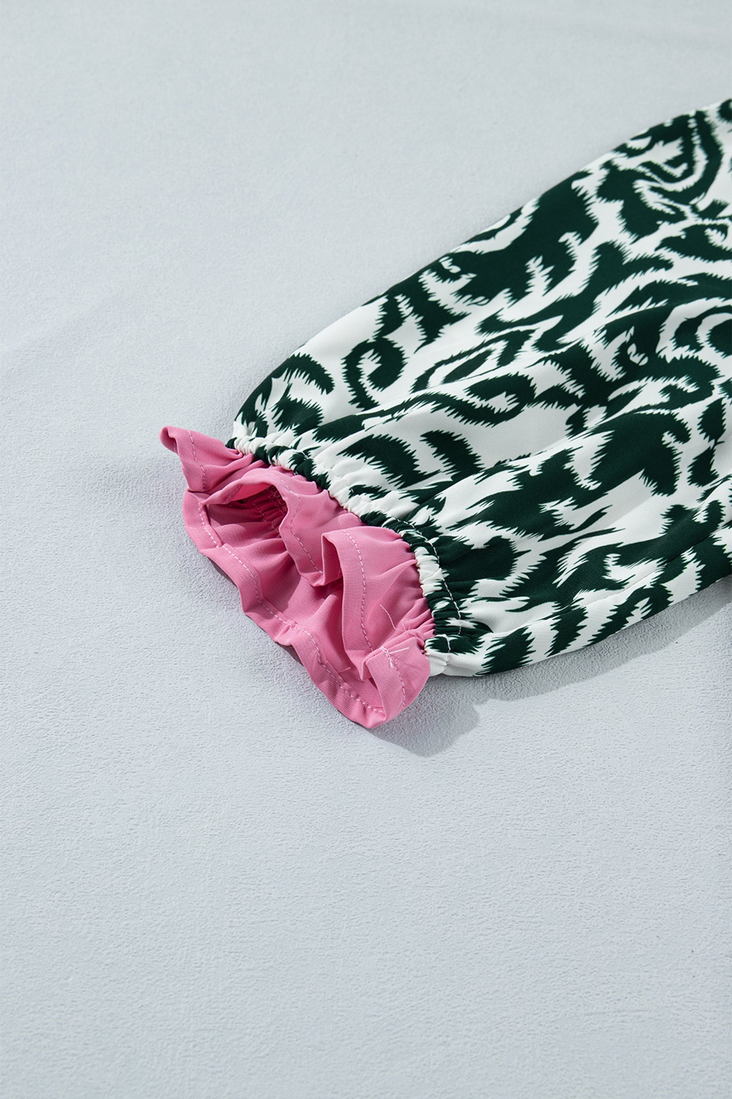 Damask Print Ruffle Colour Block Puff Sleeve Blouse