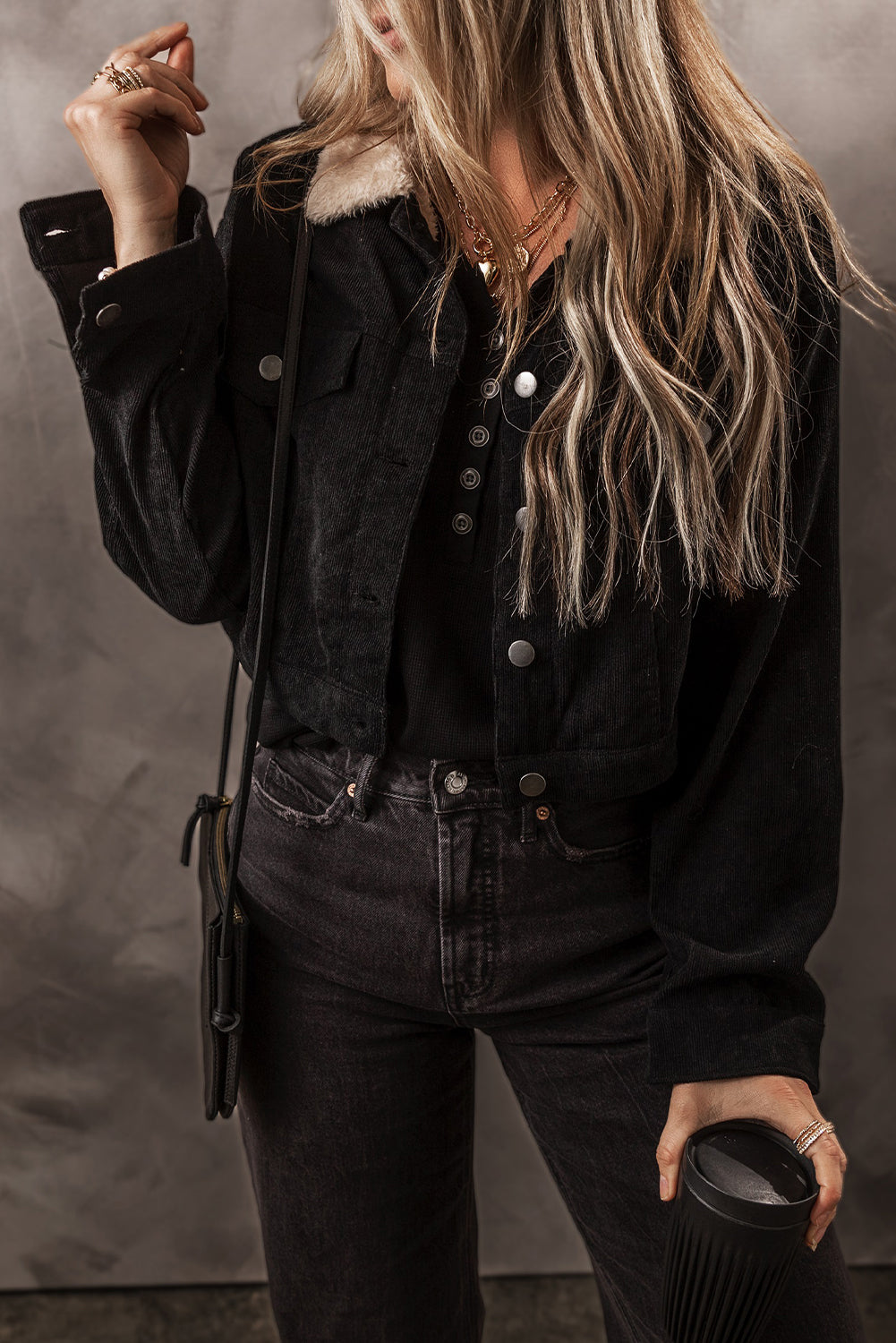 Black Fleece Lined Button-up Collared Corduroy Crop Jacket eAura
