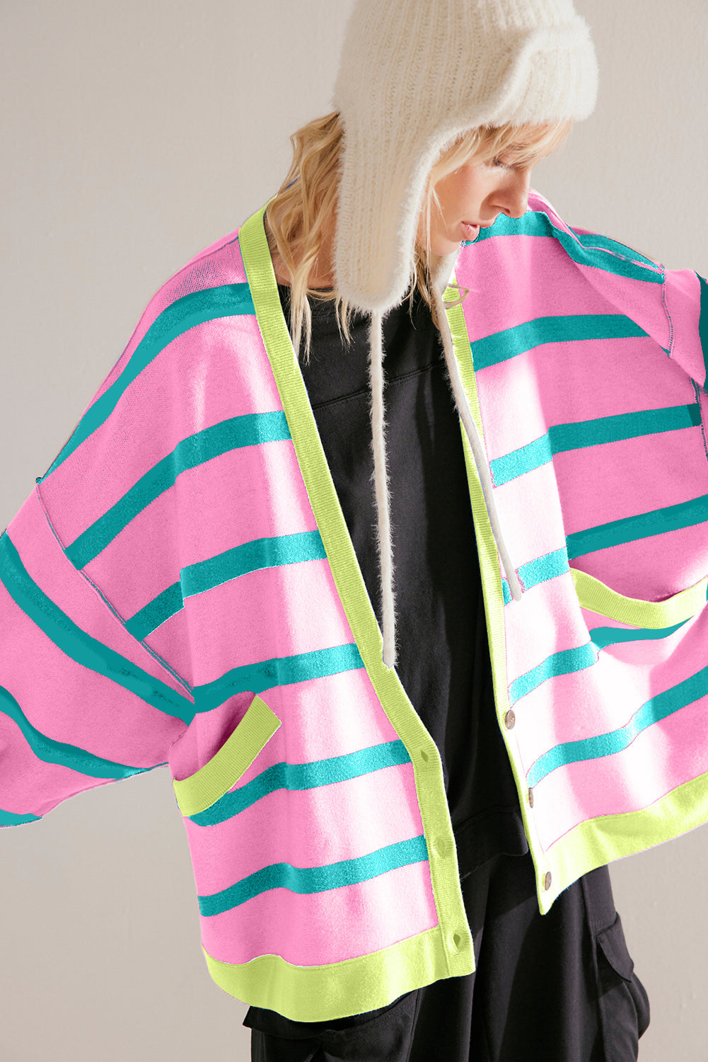 Pink Stripe Colorblock Drop Shoulder Buttoned Loose Cardigan Dear-Lover Dropshipping
